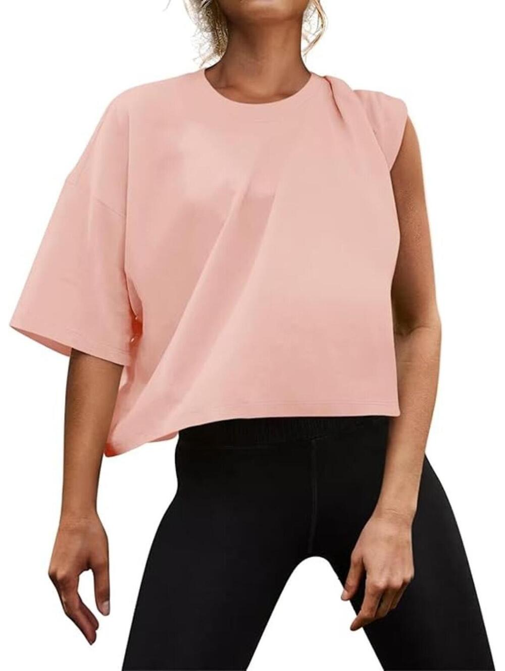 Micticsi Womens Oversized Workout Crop Tops Cotton T Shirts Boxy Crewneck 2xl